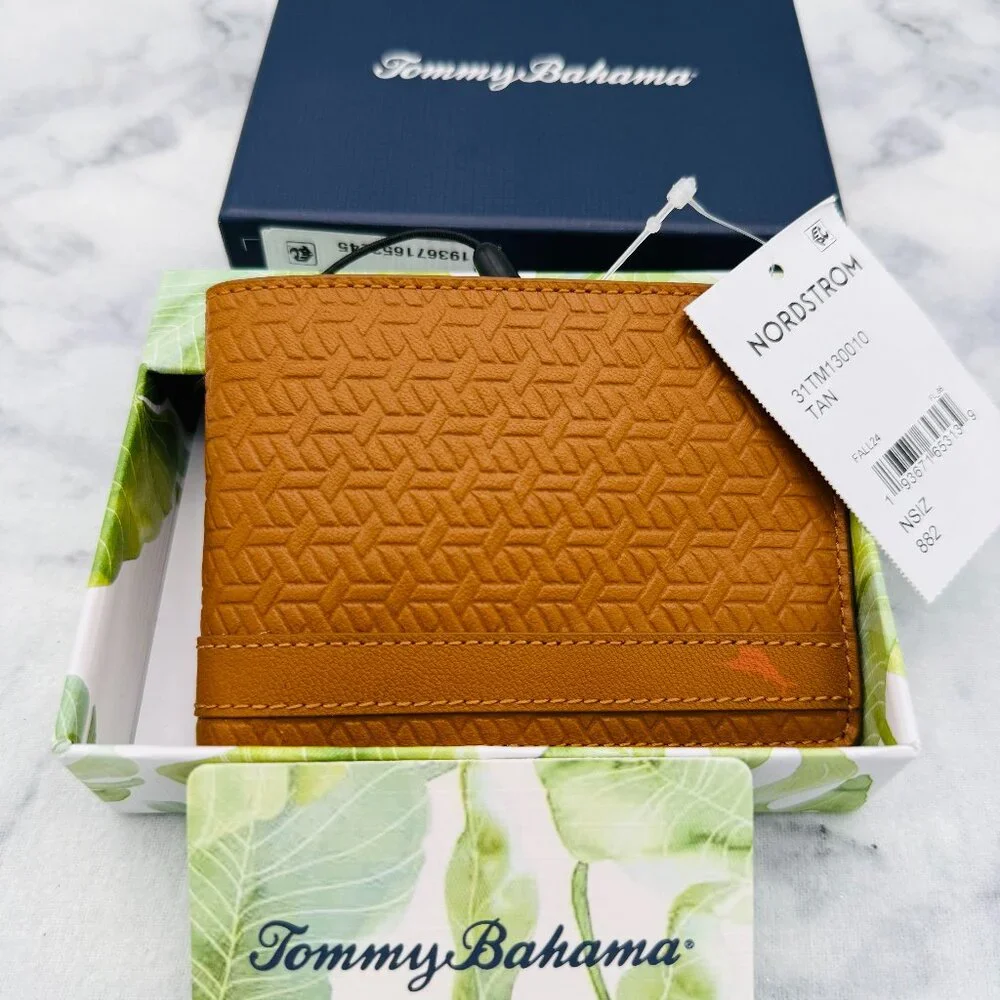 Tommy Bahama Leather Bifold Wallet,Tan Geometric Embossed,Logo Detail,Boxed-NEW - Picture 7 of 13